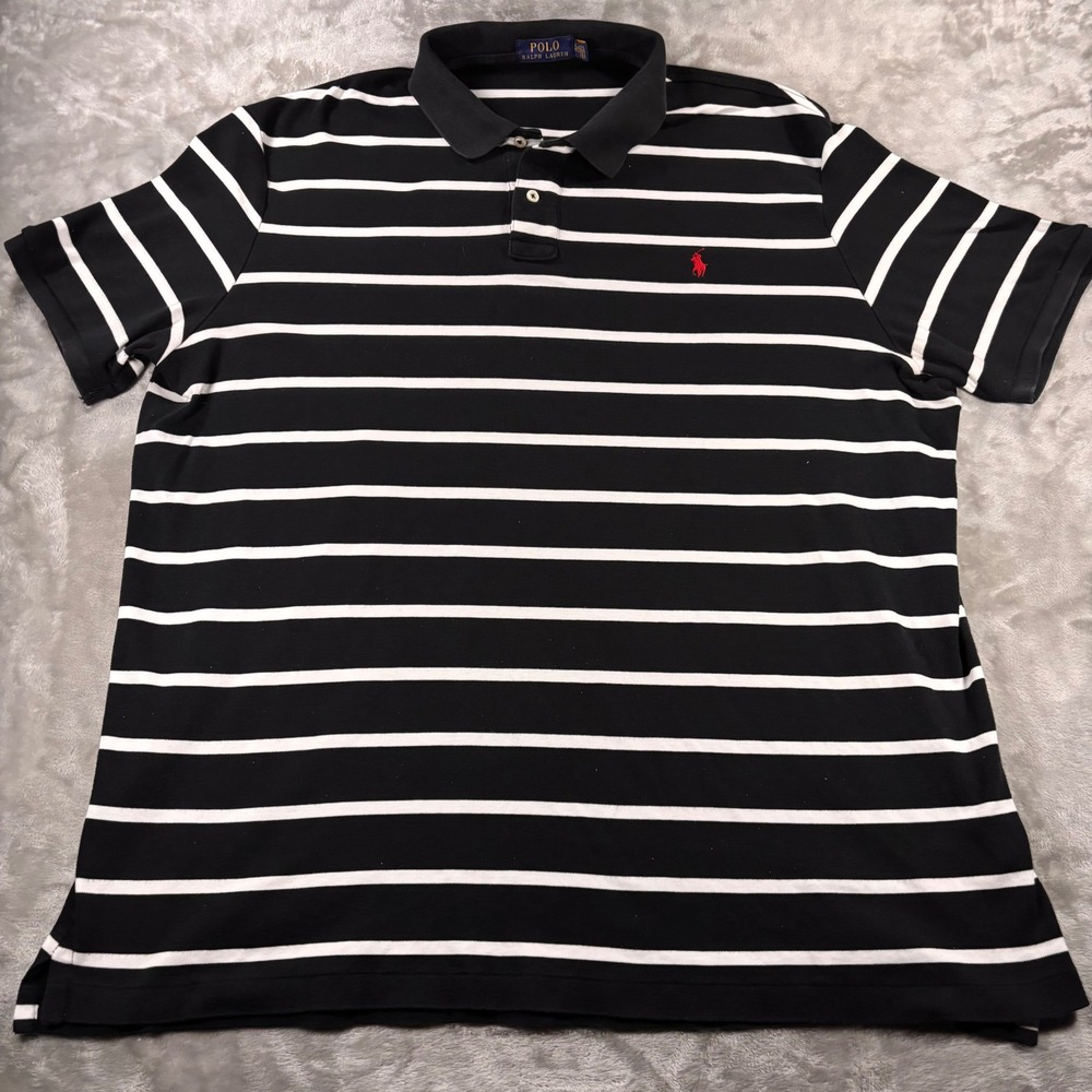Polo Ralph Lauren Mens XXL Black White Striped Short Sleeve Polo Shirt Red Pony